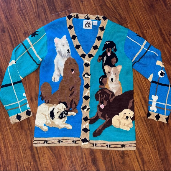 Storybook Knits Sweaters - Storybook Knits Handknits Sweater Cardigan Dogs Bones Medium Blue